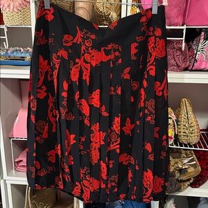 Tory Burch Black & Red Floral A-Line Midi Skirt